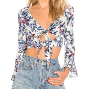 MAJORELLE Priscilla Top in
Blue Tropics, Floral Tie-Front Crop Top